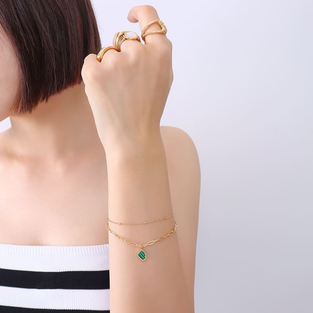 18K Gold Plated Double Layered Chain Bracelet*Paperclip Chain Charm*MLB012 - Picture 2 of 3